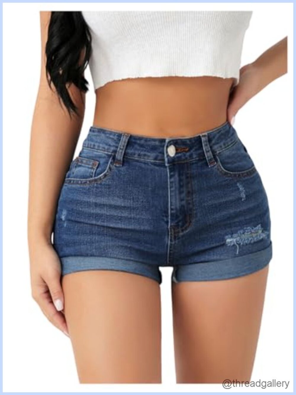 Women's Ripped Denim Shorts Stretchy High Waist Rolled Hem Jean Shorts